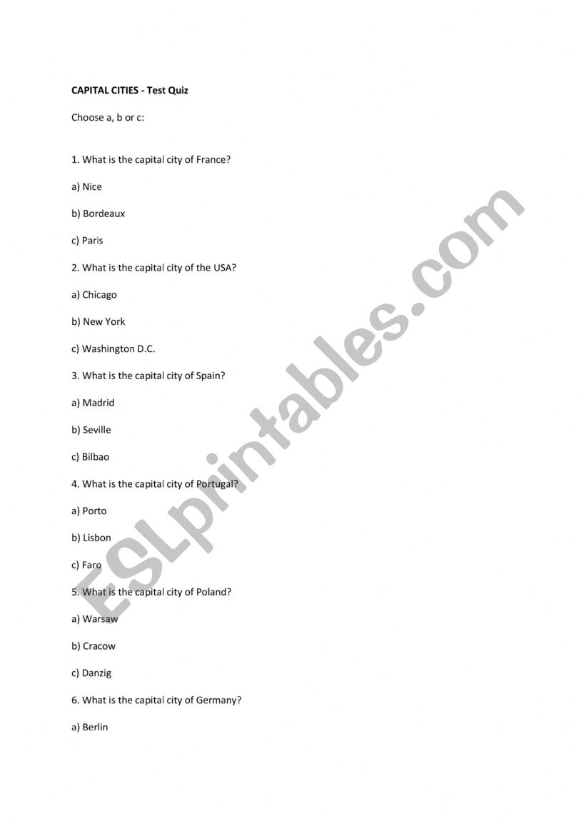 Capital Cities worksheet