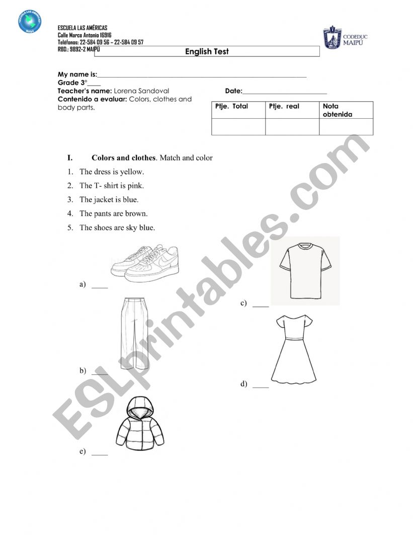 Colors and body parts worksheet