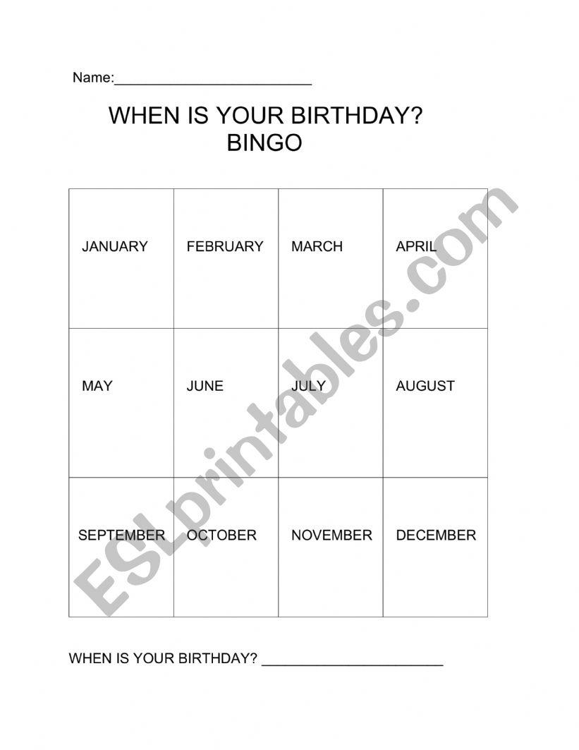 When is your birthday? Bingo (Months)