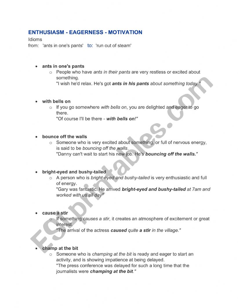 Idioms energy motivation worksheet