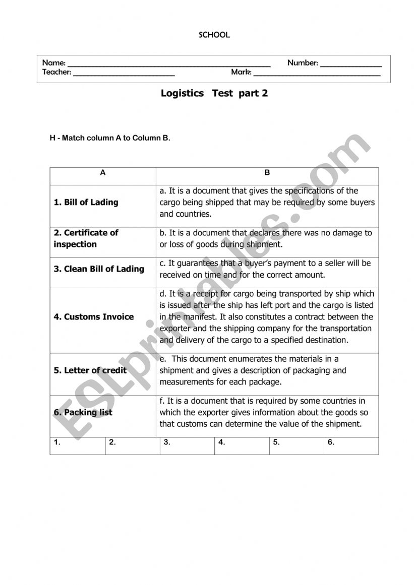 Logistics Test 2 worksheet