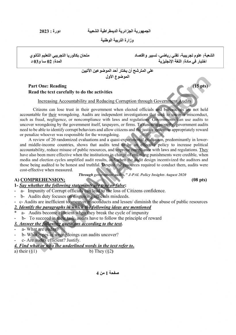 Audits Exam worksheet