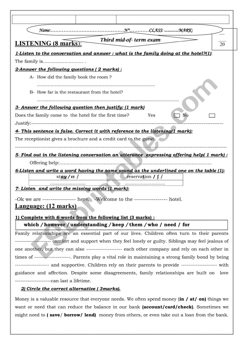 exam3 for 8 th form worksheet