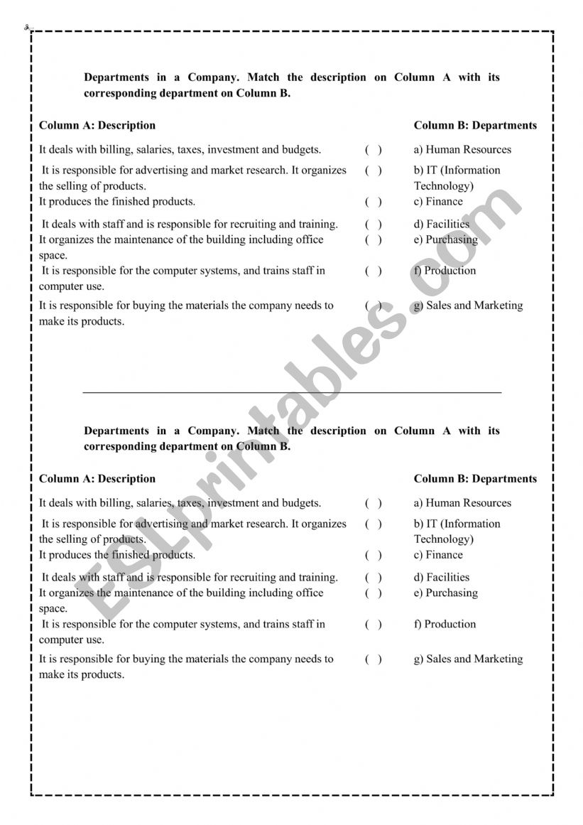 Departments in the company worksheet