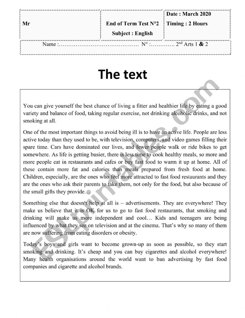 end of term test n2 2nd form arts