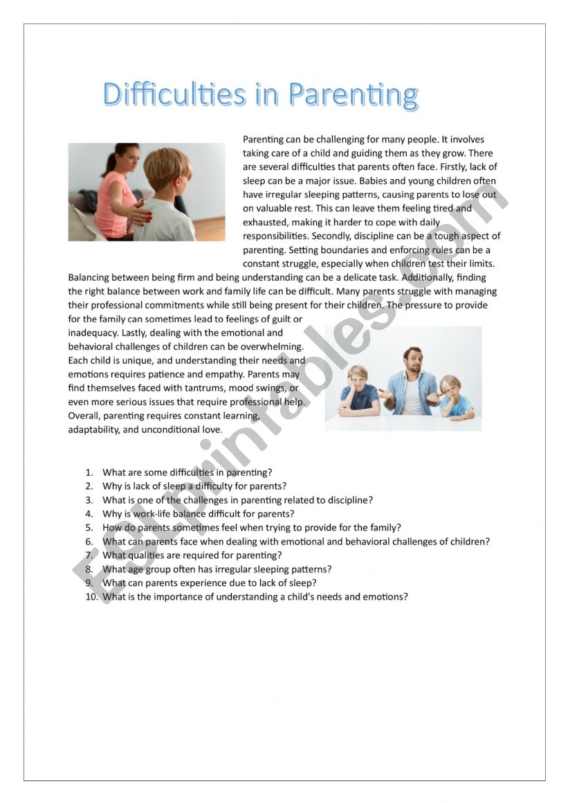 Difficulties in Parenting worksheet