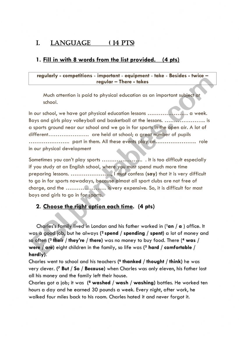 Test for seventh form worksheet