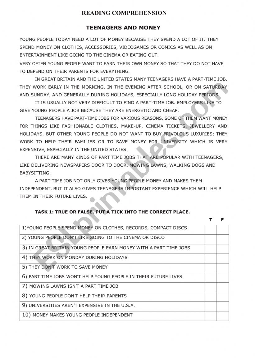 Teenagers and Money worksheet