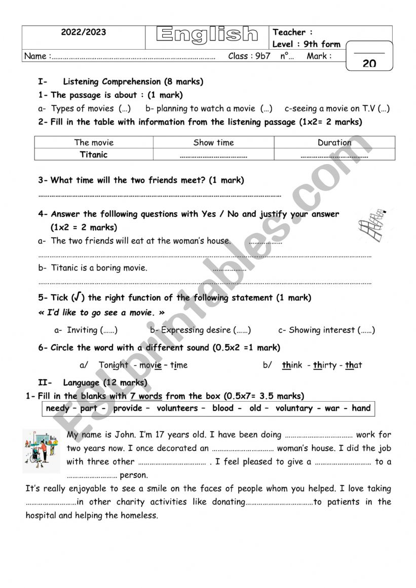 Mid term test n 3 9th form worksheet