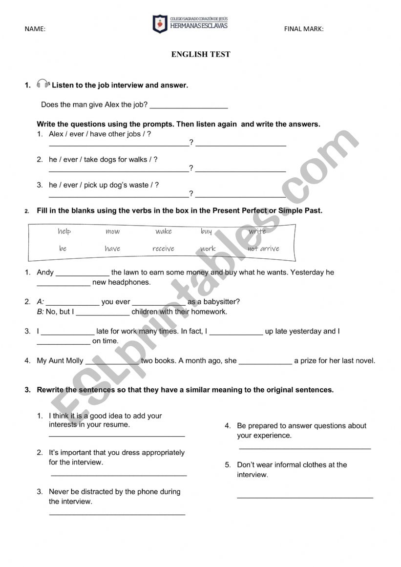 test on present perfect worksheet