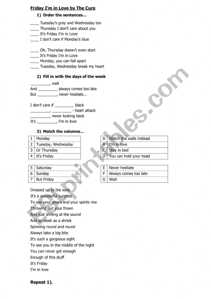 Friday I�m in love worksheet