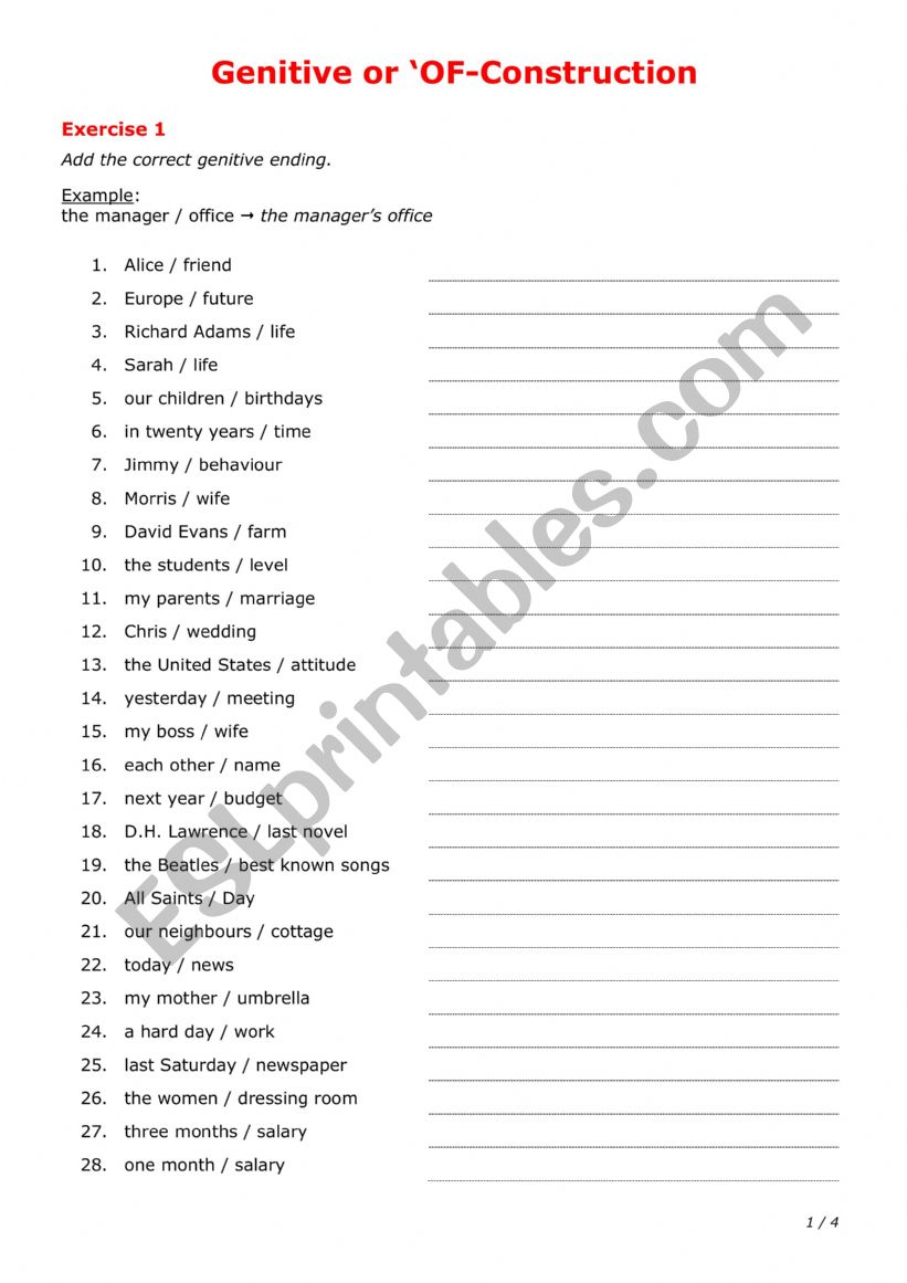 Genitive or OF-construction worksheet