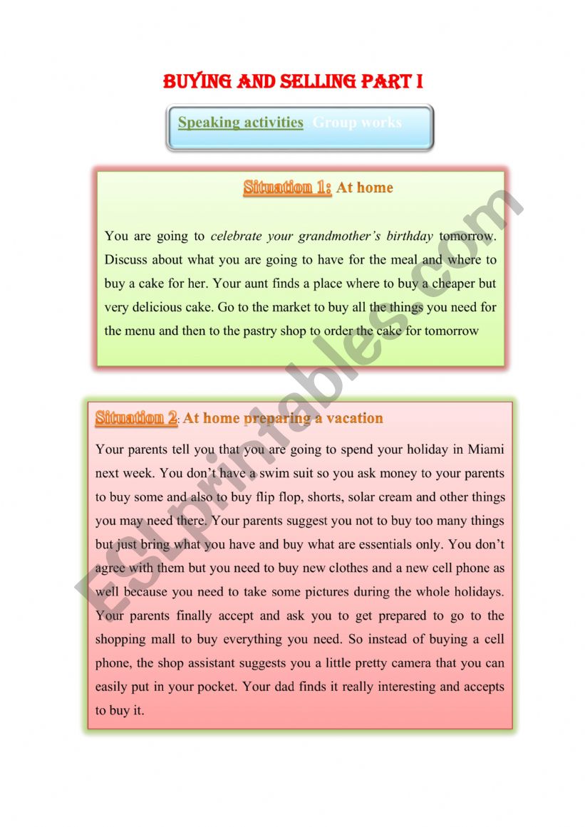 buying and selling worksheet