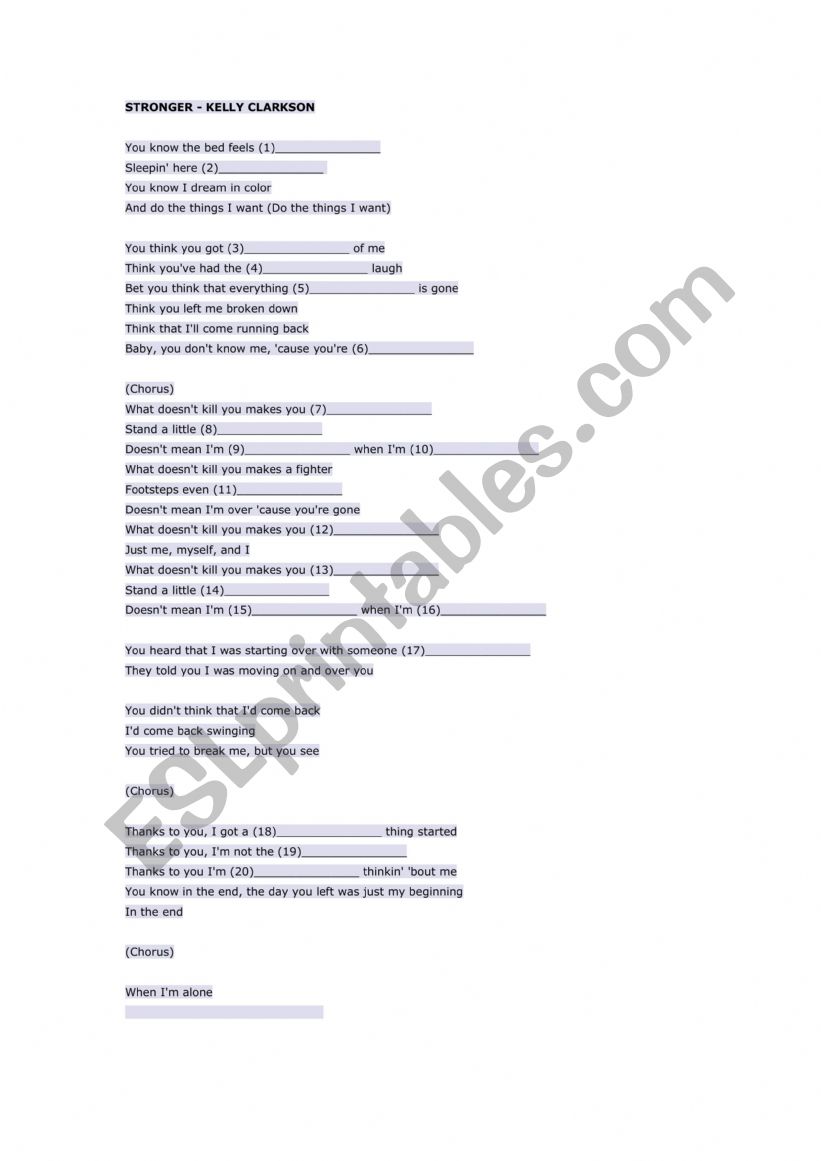 SONG WORKSHEET 4 - STRONGER KELLY CLARKSON