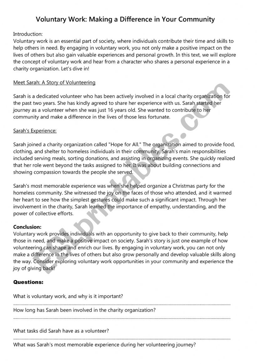 voluntary work worksheet