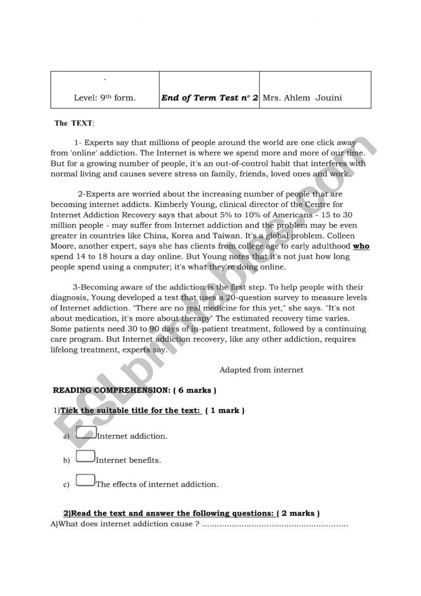 End of term test for 9th form pupils 