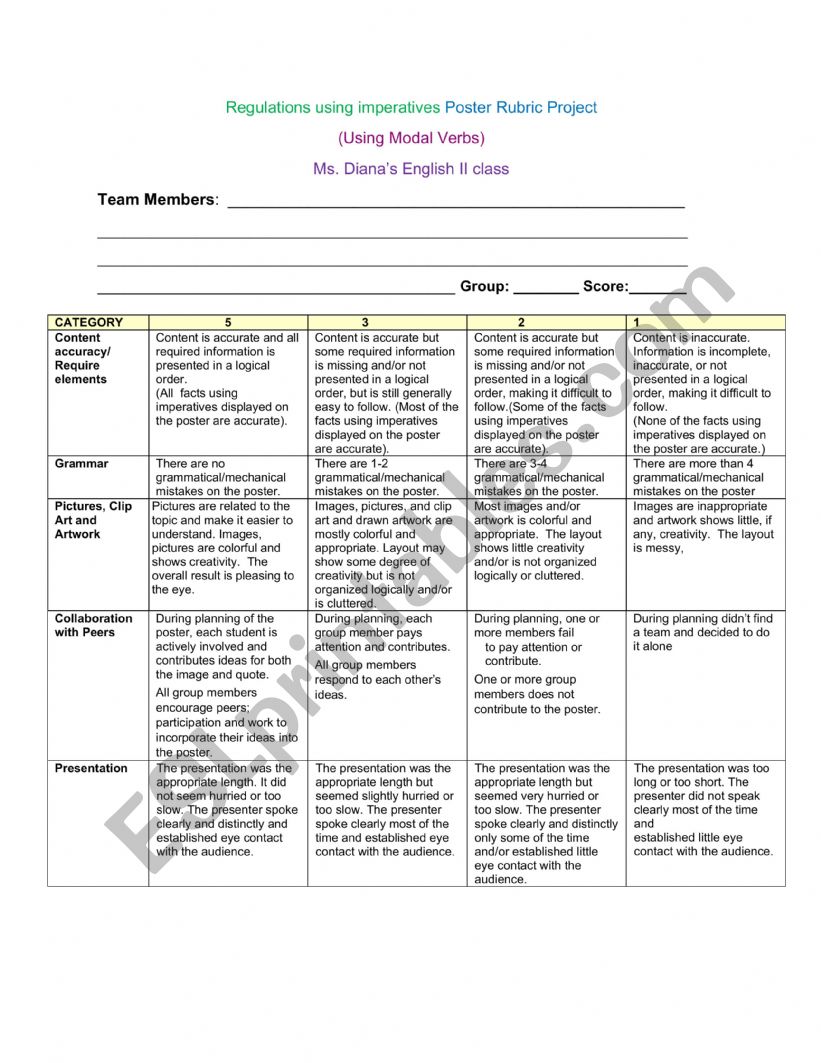 Rubric  worksheet