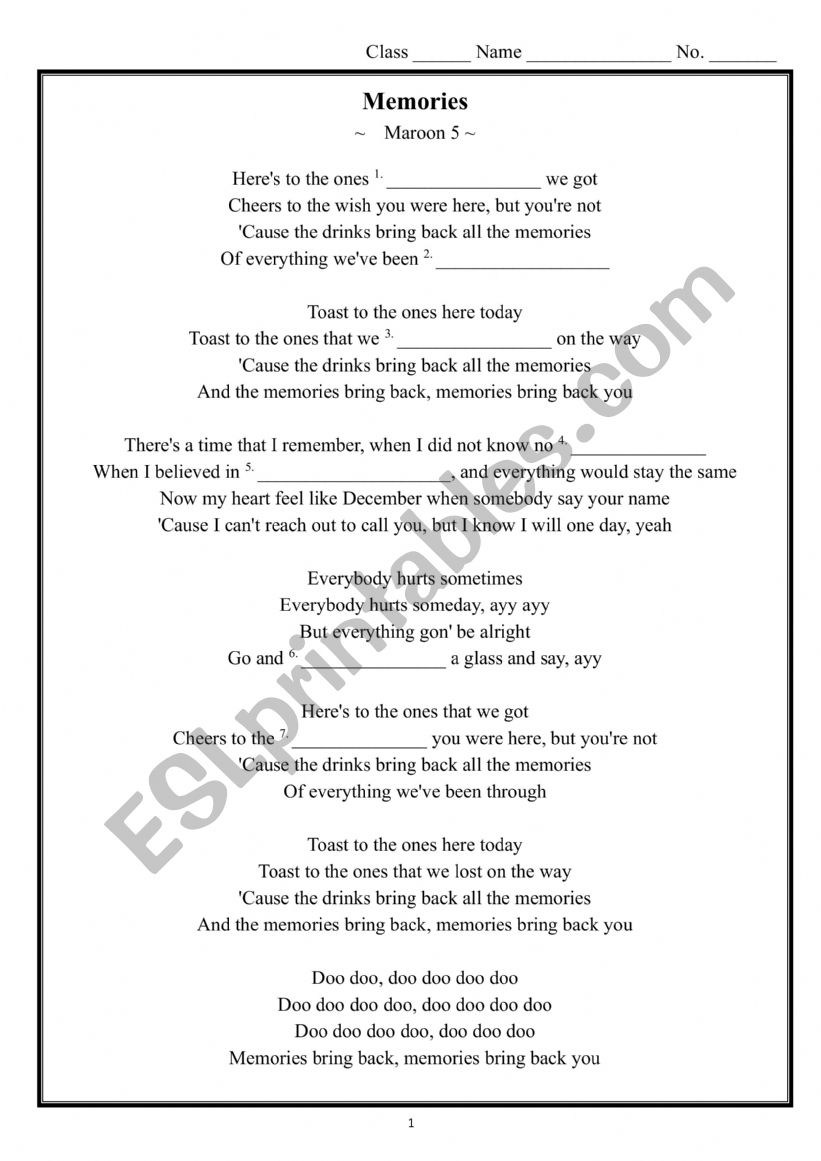 Memories (Maroon 5) worksheet