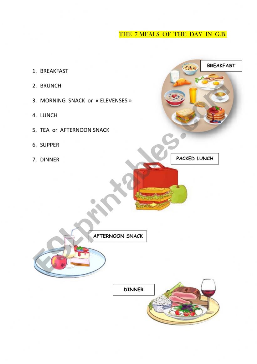 The seven meals in UK worksheet