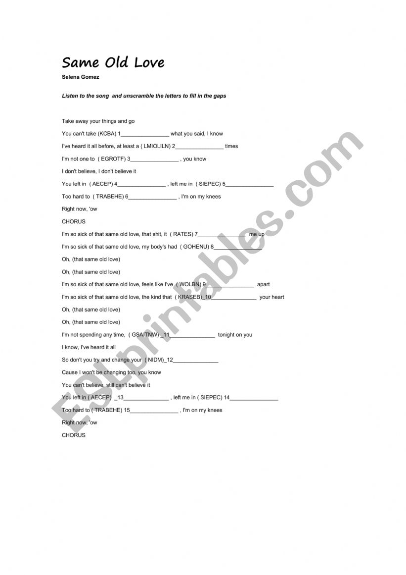 SONG WORKSHEET 5 - SAME OLD LOVE - SELENA GOMEZ