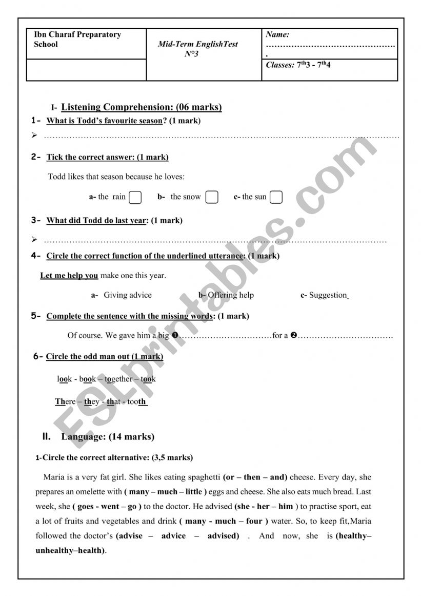 mid term test 3 7th form worksheet