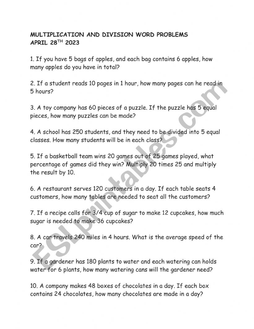 Multiplication and division worksheet