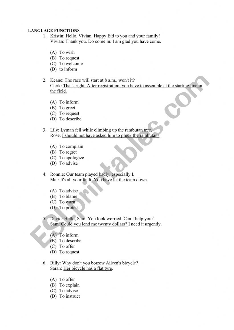 language functions worksheet