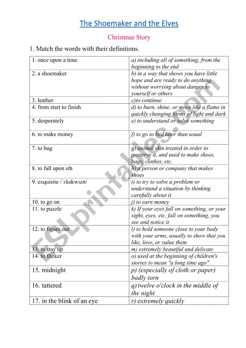 The Shoemaker and the Elves worksheet