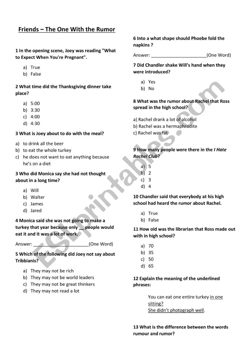 Friends Quiz B1 worksheet