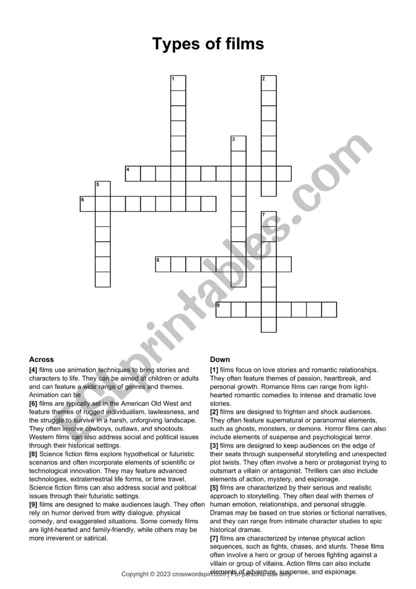 Types of films worksheet