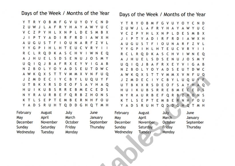 Days of the Week Months of the year Wordsearch