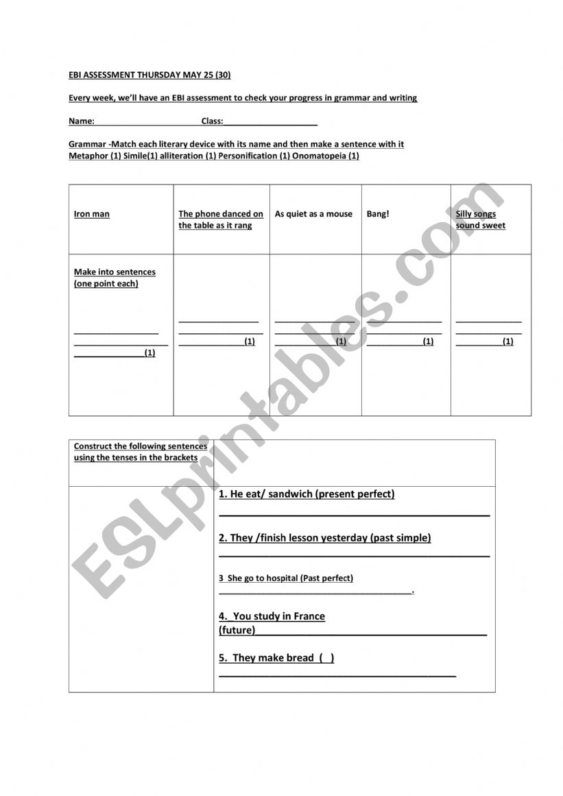 assessment of grammar worksheet