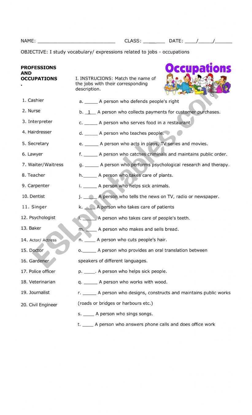 Professions ans Occupations worksheet
