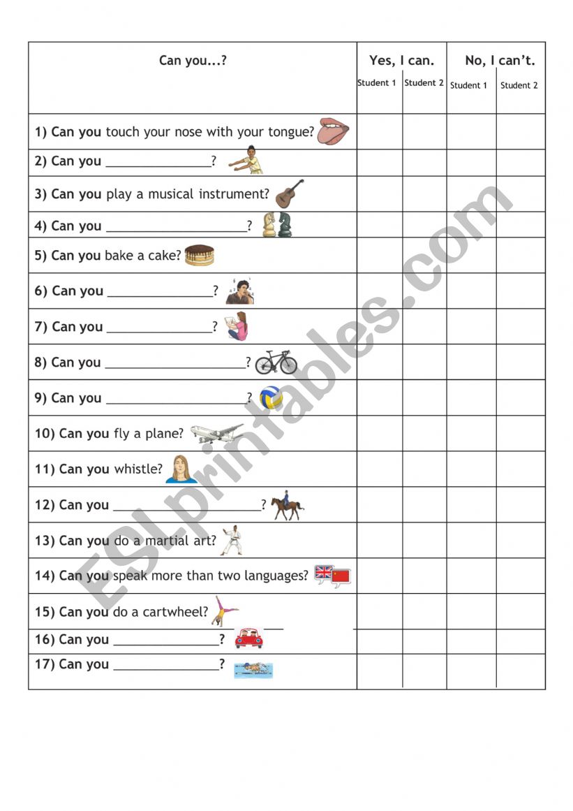 Can/can�t interview worksheet