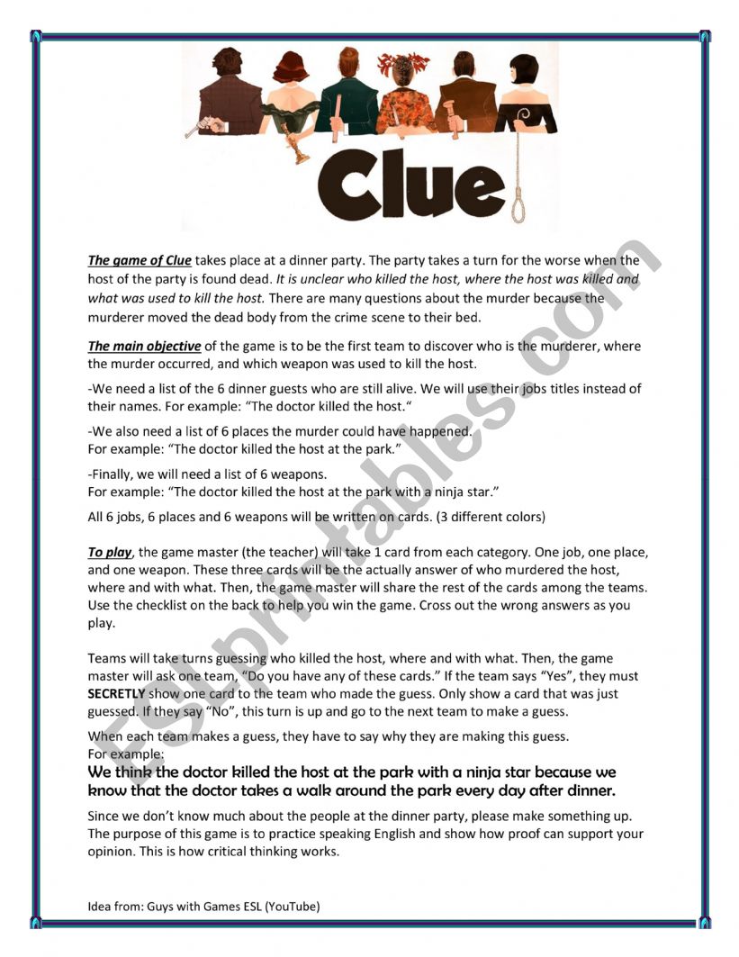 Clue- Murder Mystery Speaking Game