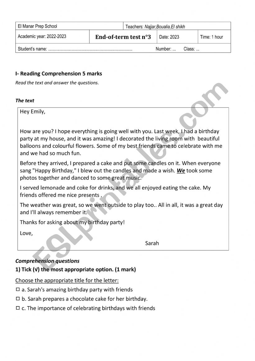 7th form end of term test 3 worksheet