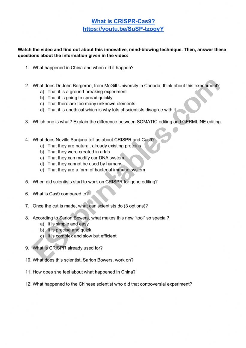 GENETICS and CRISPR-Cas9 worksheet