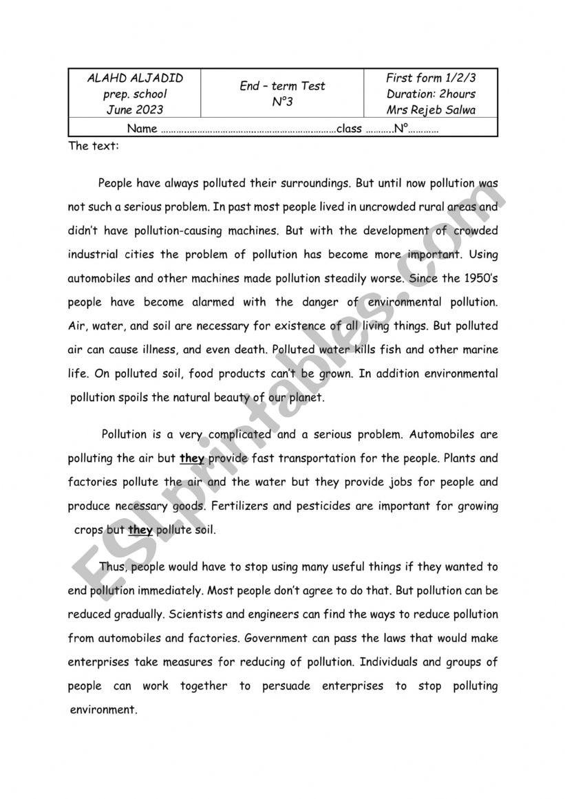 end of term test 3 1srt form  worksheet