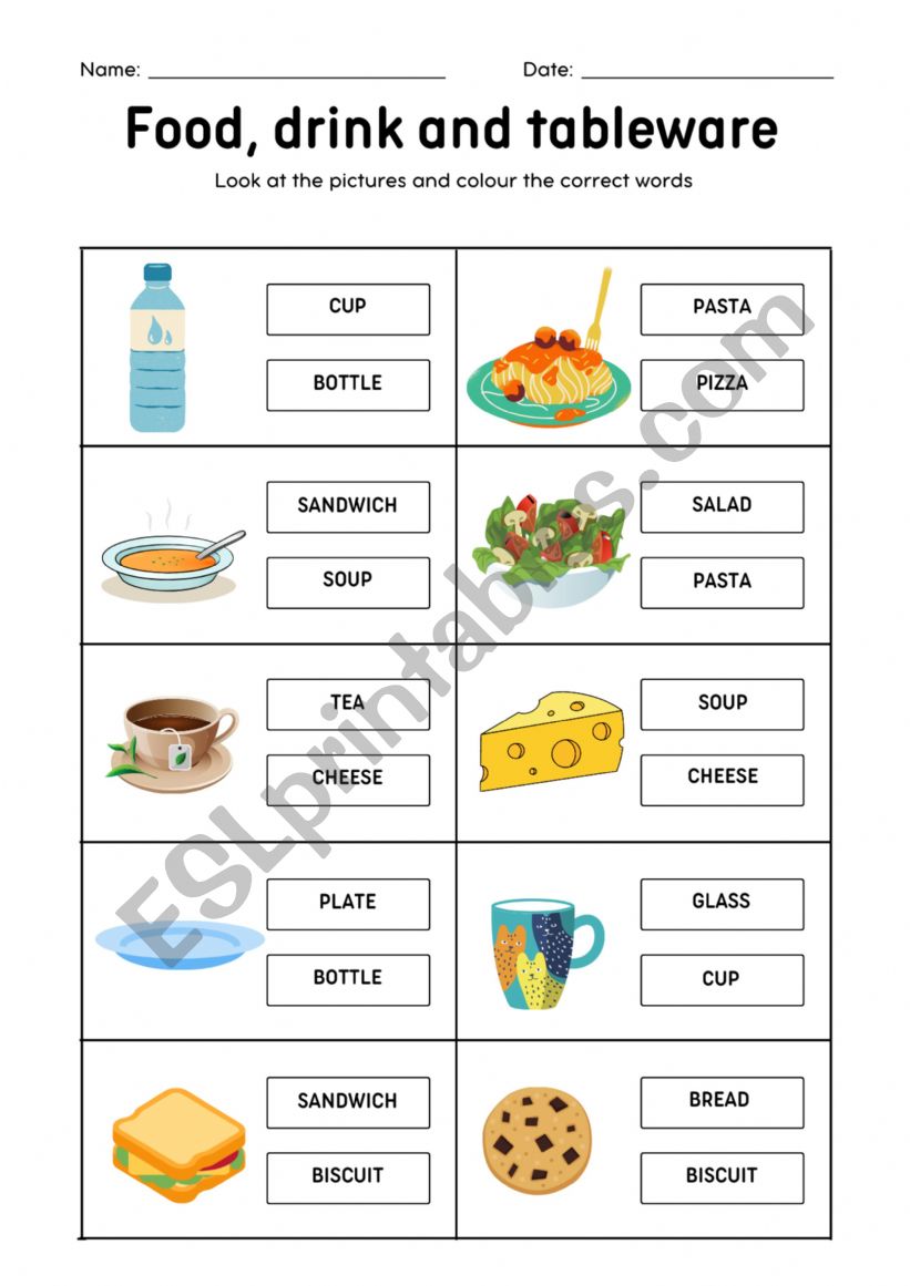 Food, drink and tableware worksheet