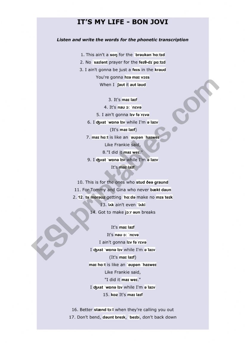 SONG WORKSHEET 6 - IT�S MY LIFE - BON JOVI