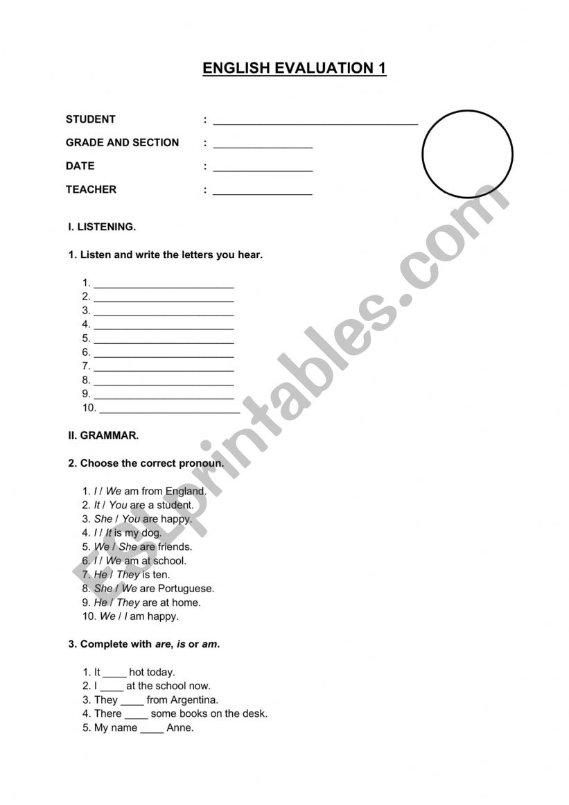 English Evaluation 1 worksheet