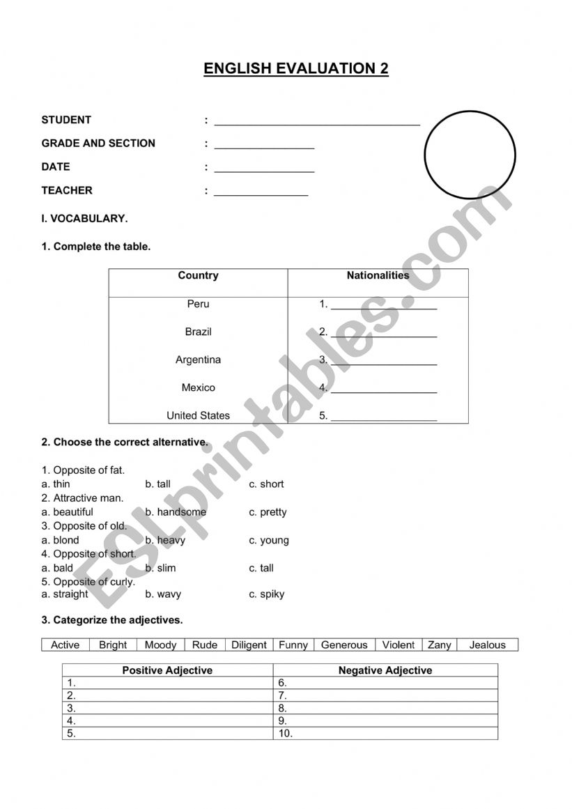 English Evaluation 2 worksheet