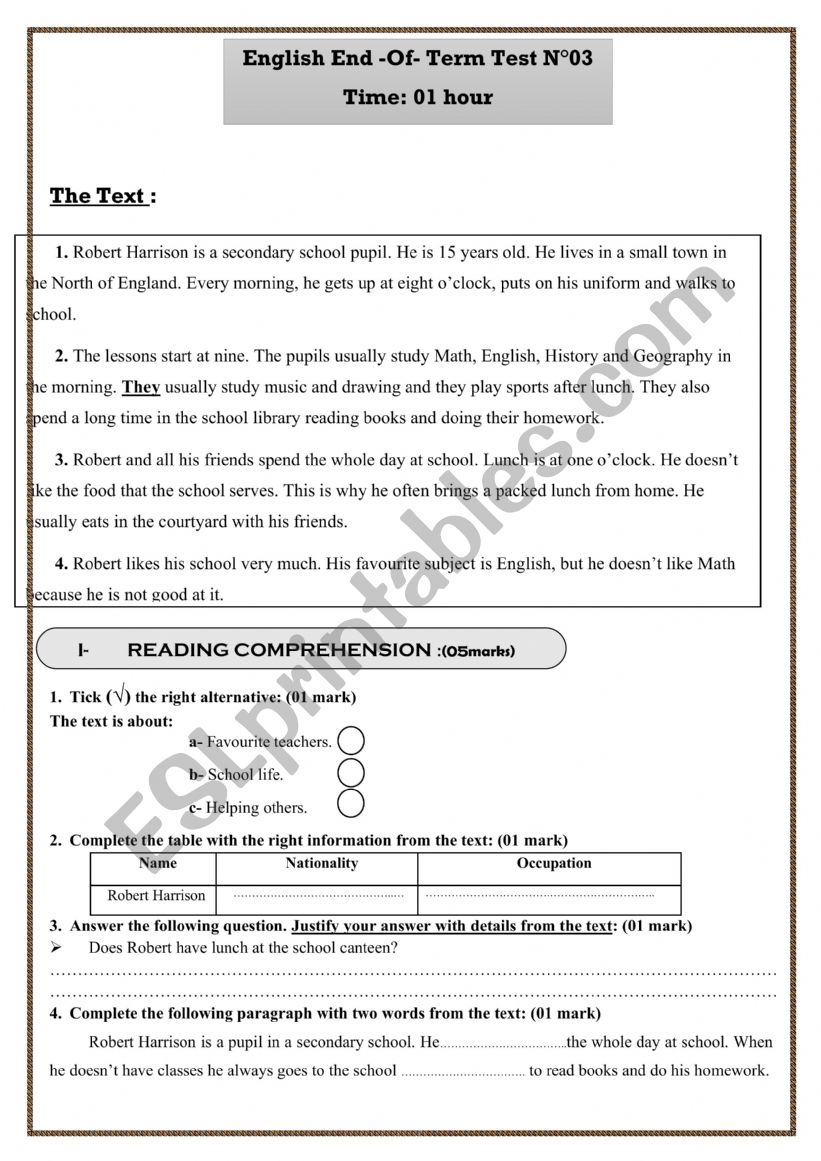 end of term test03 7th form worksheet