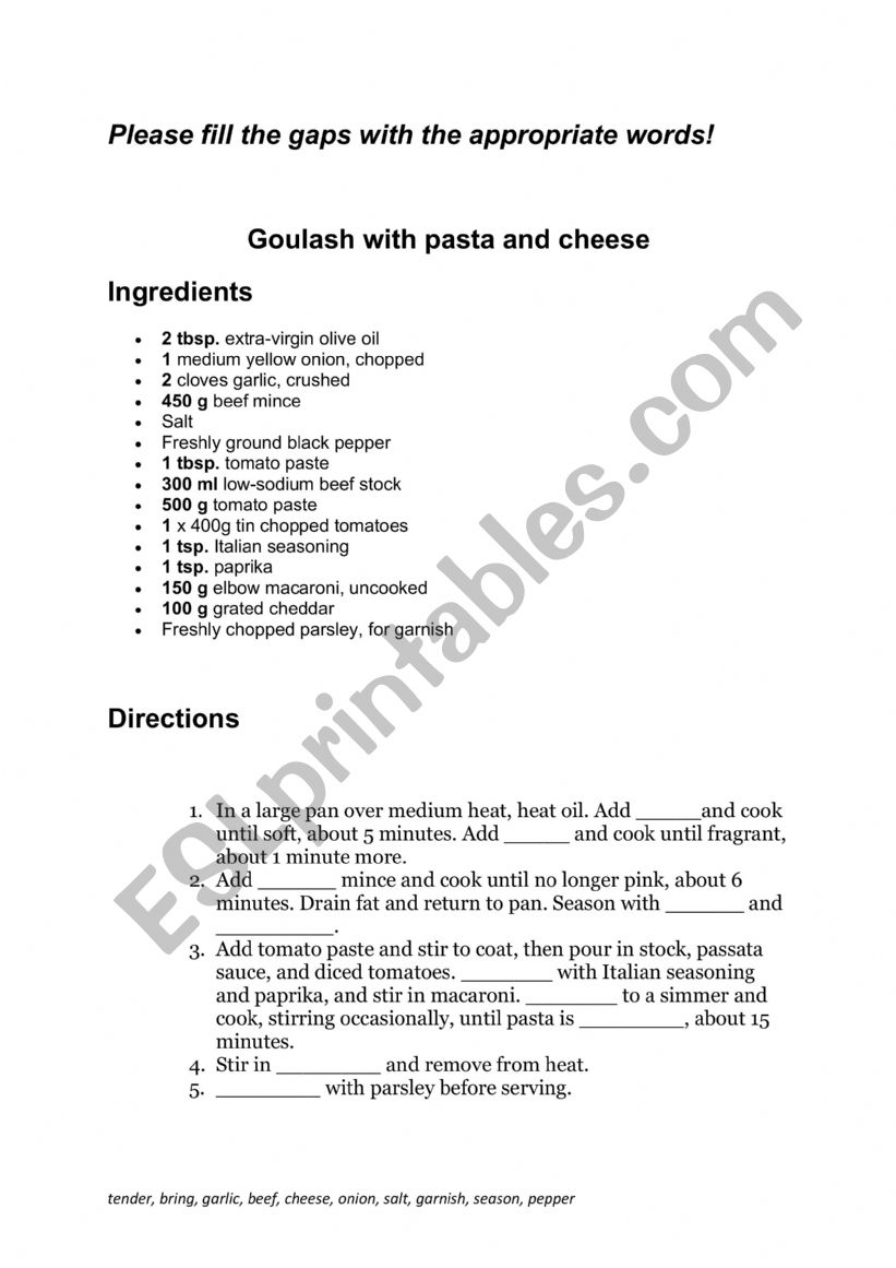 Goulash recipe worksheet
