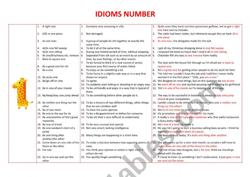Numbers Idioms worksheet
