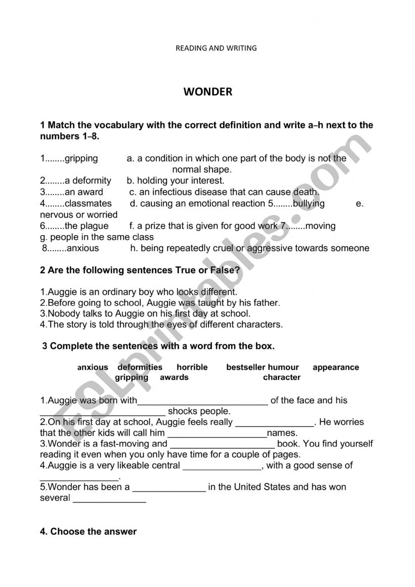 WONDER worksheet