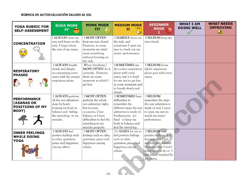 yoga self assessment rubric for kids