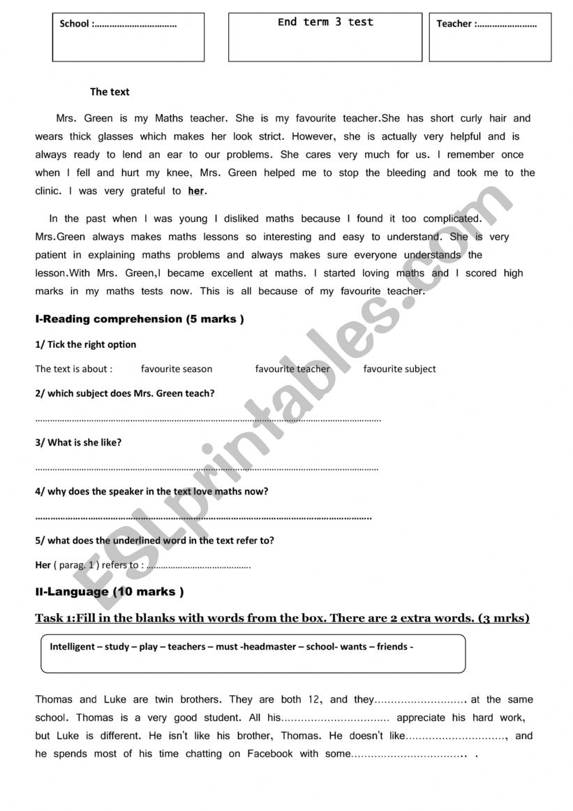 end term 3 test 2 7th form worksheet