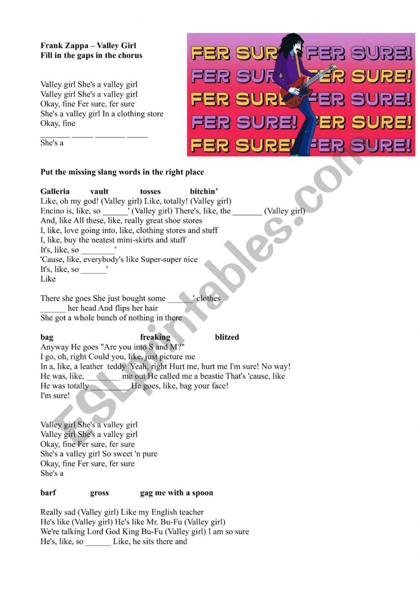 Valley Girl - Frank Zappa worksheet