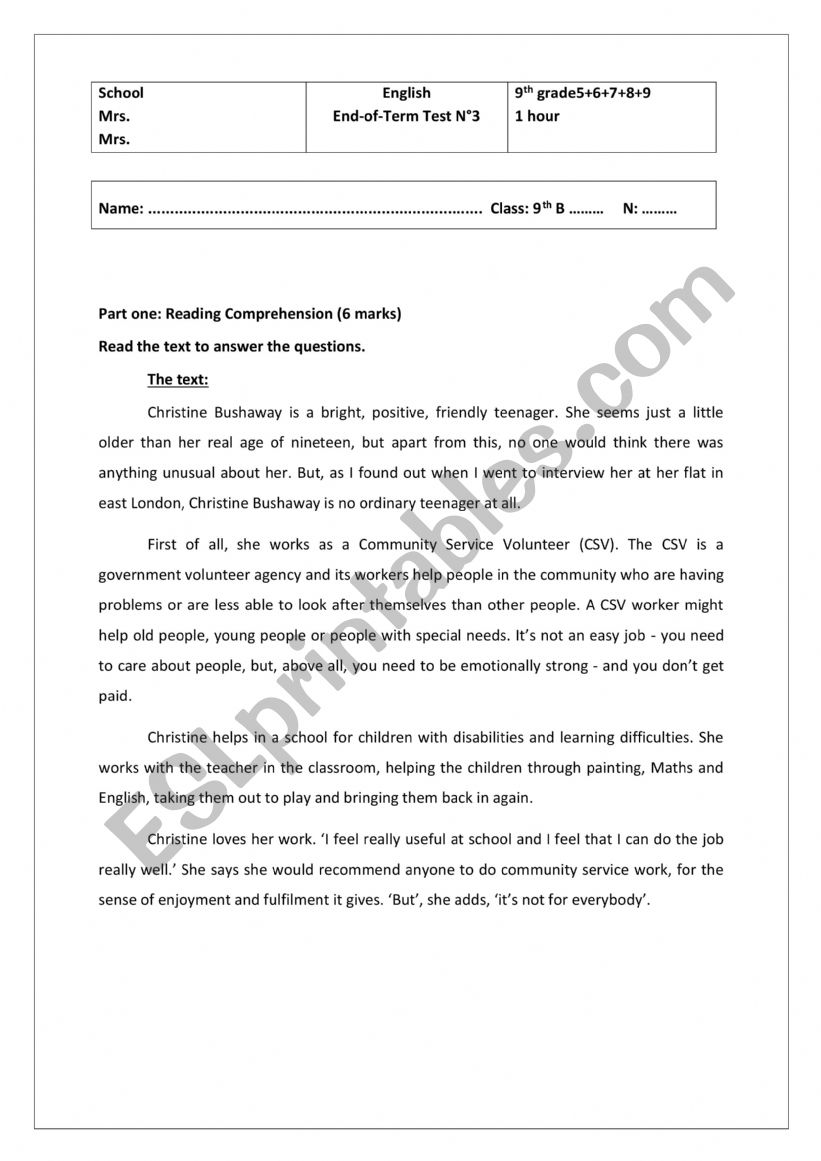 End-of-term test 3(9th grade) worksheet